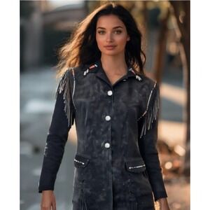 60s-70s Char Santa Fe Fringe Leather Jacket Womens L 10 Black Painted Whipstitch